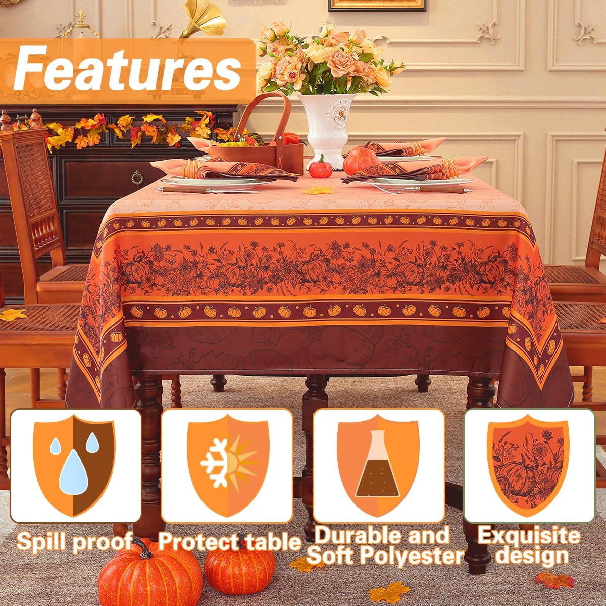 SASTYBALE Fall Harvest Tablecloth, Rectangle Pumpkin Print, Orange & Brown Autumn Tones, Wrinkle-Resistant Easy-Care for Thanksgiving Dinners & Holiday Party