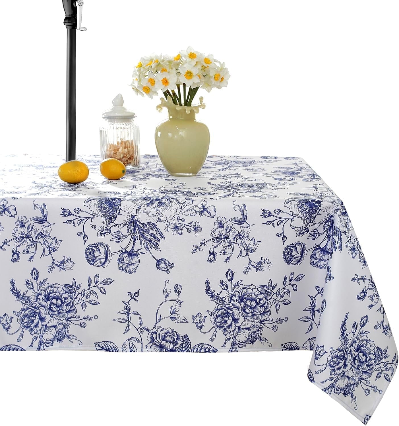Rectangle Tablecloth with Umbrella Hole and Zipper, Spill Proof Wrinkle Free Table Cloth, Washable Polyester Patio Table Cover for Outdoor Picnic BBQS(Blue and White,52 x 70 Inch)