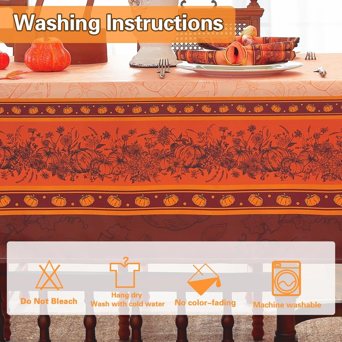 SASTYBALE Fall Harvest Tablecloth, Rectangle Pumpkin Print, Orange & Brown Autumn Tones, Wrinkle-Resistant Easy-Care for Thanksgiving Dinners & Holiday Party