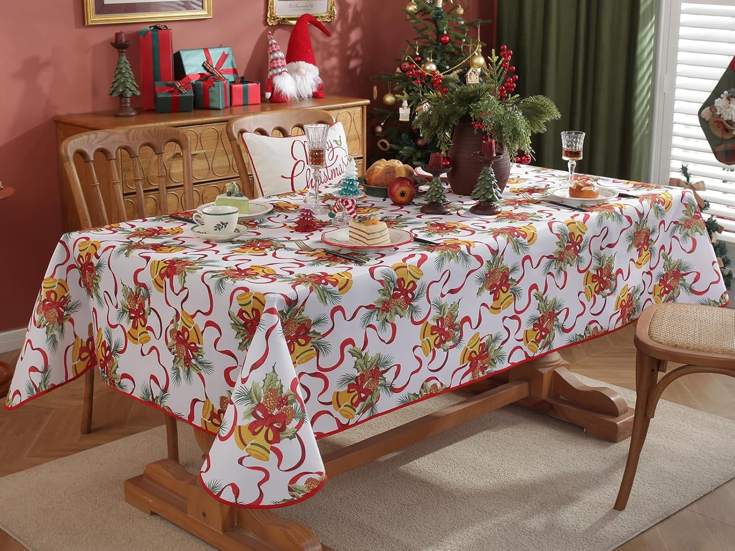 Christmas Tablecloth Water Oil Proof Holly Berry Cardinal Ribbon Bell Pine Cone Table Cloth, Fabric Xmas Table Cover for Holiday, Winter, Santa, Dinner Party