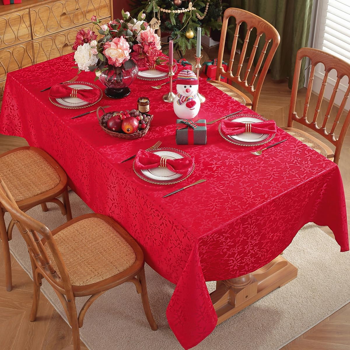 SASTYBALE Christmas Tablecloth Jingle Bells Holly Berry Jacquard Waterproof Wrinkle Free Damask Table Cloths, Fabric Table Cover for Xmas, Holiday, Winter, Party