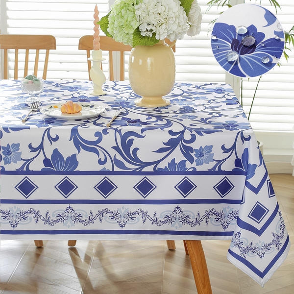 SASTYBALE Pastoral Tablecloth Rectangle 52 x 70 Inch Blue Flower Print French Country Rustic Table Cloth, Vintage Fabric Table Cover for Farmhouse, Party, Indoor, Outdoor, Blue and White