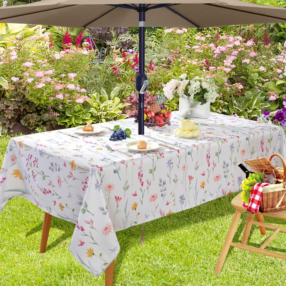 Spring Summer Outdoor Tablecloths With Umbrella Hole,Zipper Rectangle 52x70 Inch, Washable Reusable Watercolor Floral Table Cloth, Spill Proof Pastel