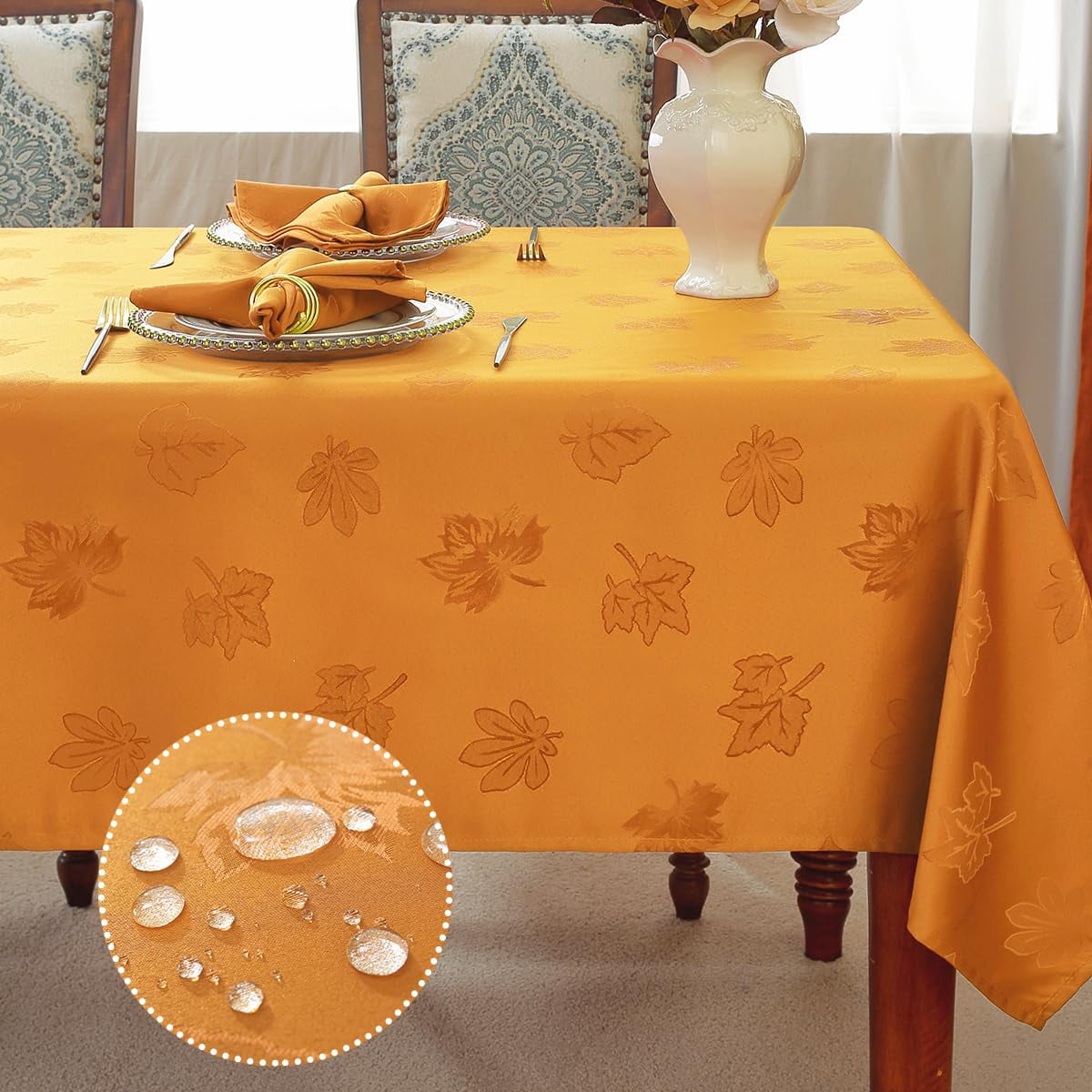 Fall Tablecloth Spillproof Heavy Duty Fabric Jacquard Table Cloth with Maple Leaves Design for Thanksgiving, Harvest Holidays 52"x52" Amber