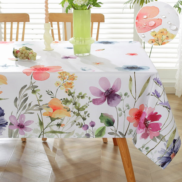 Spring Summer Tablecloth Rectangle 52 x 70 Inch Spill Proof Wrinkle Free Wildflowers Butterfly Watercolor Floral Table Cloth, Soft Polyester Table Cover for Dining, Party, Indoor, Outdoor, Colorful