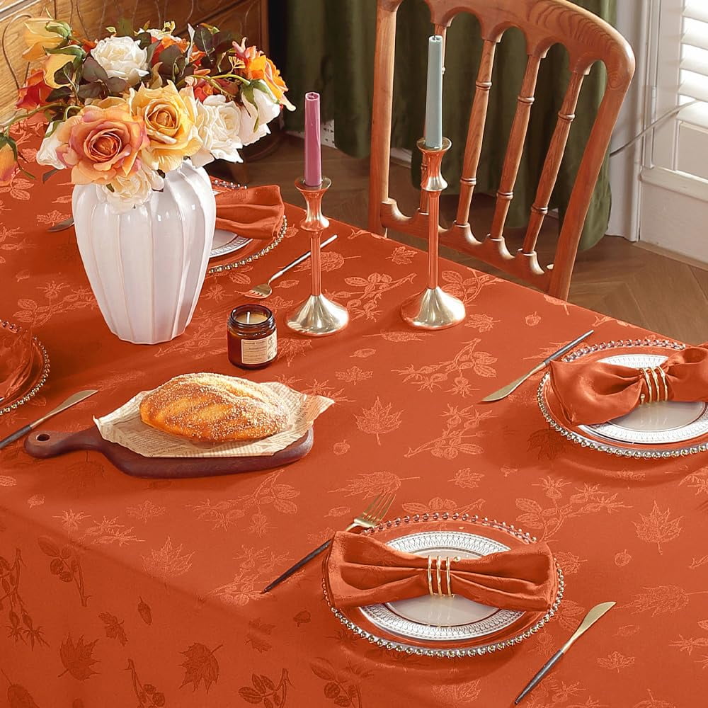 Tablecloth Rectangular 52X52 inches,Spillproof Wrinkle Free Soft Autumn Jacquard Table Cloth for Thanksgiving Fall Friendsgiving Harvest Holiday Dinner, Rust