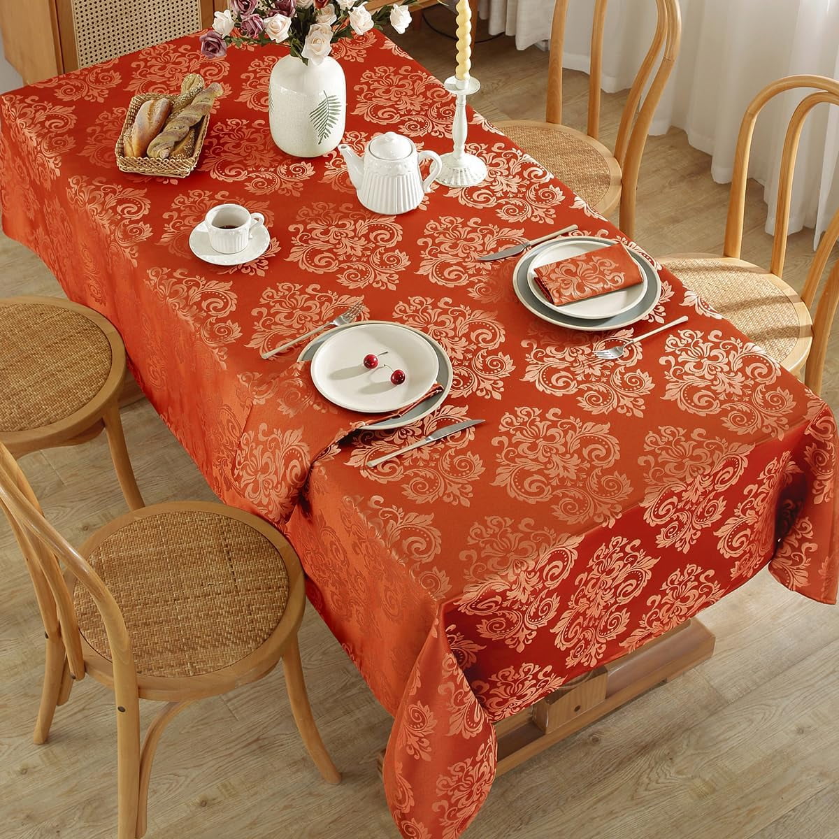 SASTYBALE Tablecloth Rectangle 52 x 70 Inch Waterproof Stain Resistant Jacquard Damask Table Cloth, Polyester Table Cover for Fall, Thanksgiving, Autumn, Harvest Party, Holiday Dinner, Orange/Rusty