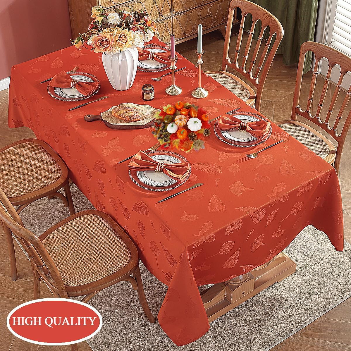 Thanksgiving Tablecloth Jacquard Heavy Duty & Spill Proof Table Cloth with Autumn Leaves, Washable Table Cover for Fall Harvest Holidays 60" x 84" Rust