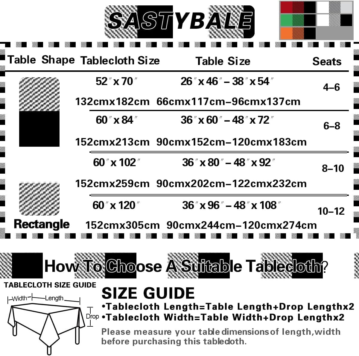 Buffalo Plaid Vinyl Tablecloth With Flannel Backed Rectangle 60 x 120 Inch, Waterproof & Non Slip Checkered Tablecloths, Plastic Table Cover for Dining, Party, Indoor, Outdoor, Black and White