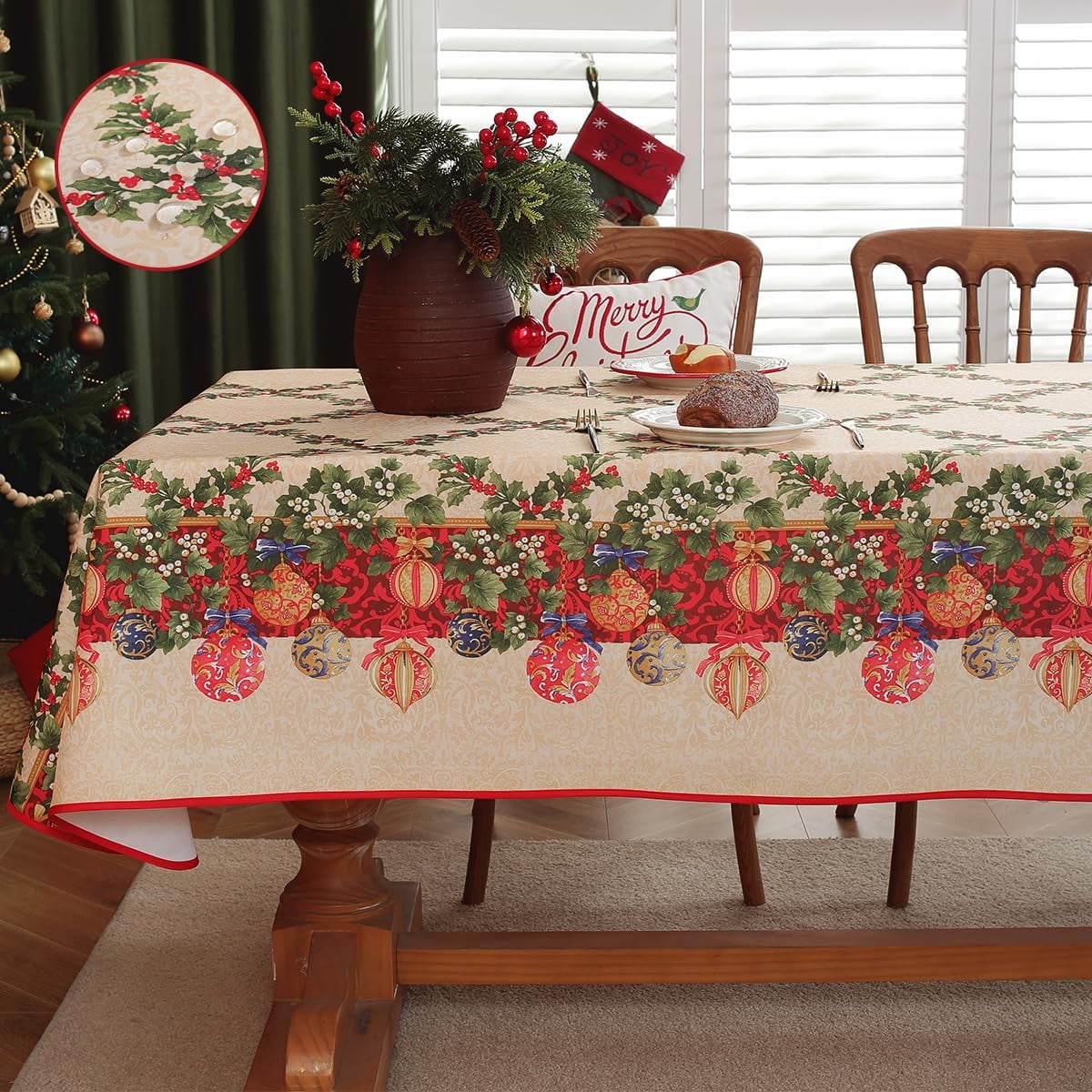 Christmas Tablecloth Water Oil Proof Holly Berry Cardinal Ribbon Bell Pine Cone Table Cloth, Fabric Xmas Table Cover for Holiday, Winter, Santa, Dinner Party