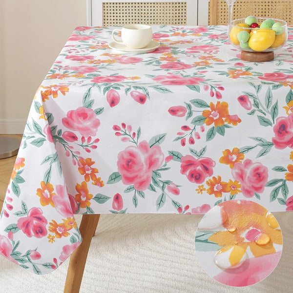 Vinyl Tablecloth with Flannel Backed, Waterproof Oil-Proof PVC Table Cloth, Heavy Duty Wipeable Spill-Proof Plastic Table Cover for Dinner Outdoor Picnic (Pink Flower, 60x102 Inch Rectangle)