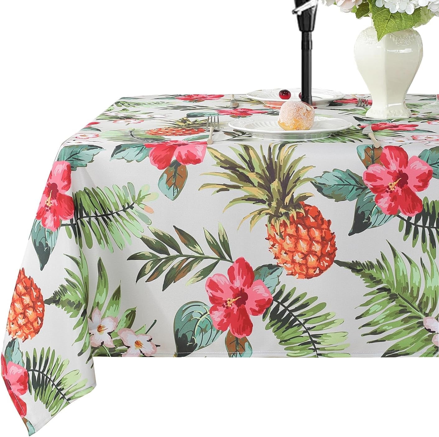 Rectangle Tablecloth with Umbrella Hole and Zipper, Spill Proof Wrinkle Free Table Cloth, Washable Polyester Patio Table Cover for Outdoor Picnic BBQS(Blue and White,52 x 70 Inch)