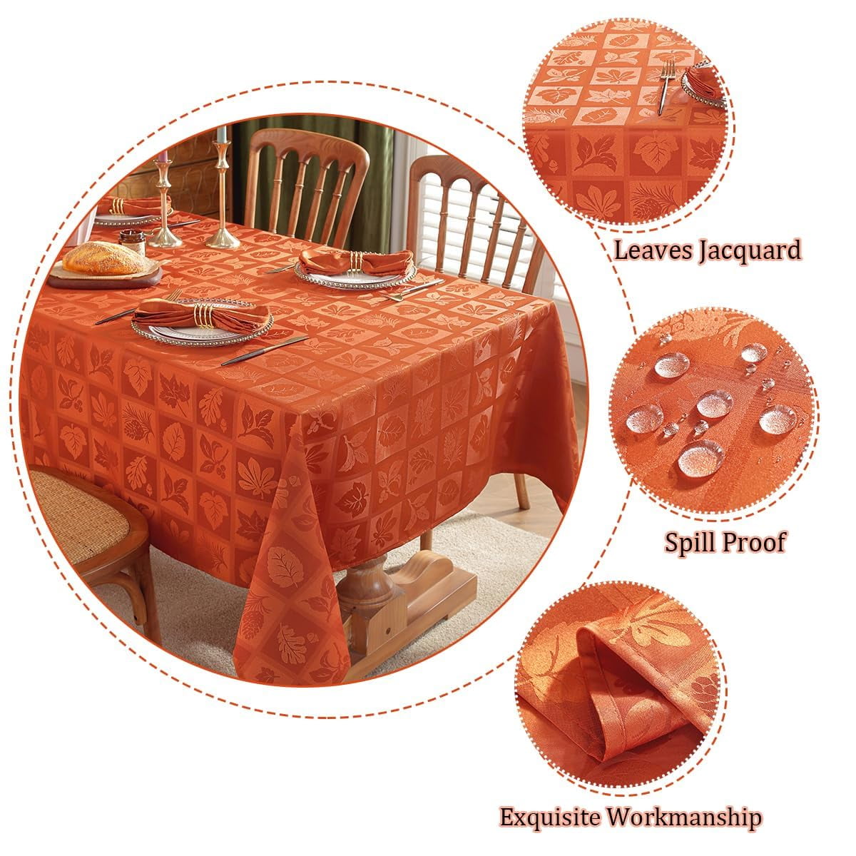 Tablecloth Rectangle 52 x 70 Inch Maple Leaves Jacquard Waterproof Washable Heavy Weight Damask Table Cloth, Plaid Table Cover for Fall, Thanksgiving, Autumn, Harvest, Party, Rusty