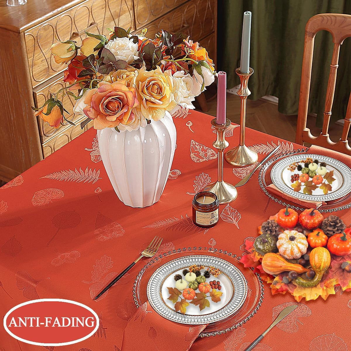 Thanksgiving Tablecloth Jacquard Heavy Duty & Spill Proof Table Cloth with Autumn Leaves, Washable Table Cover for Fall Harvest Holidays 60" x 84" Rust