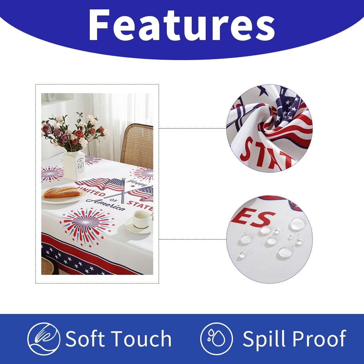 SASTYBALE Veterans Day Rectangle Tablecloth, 52 x 70 Inch Patriotic Fireworks Tablecloths Washable Spill Proof Wrinkle Resistant Soft Polyester Table Cover for Patriotic Holiday Parties