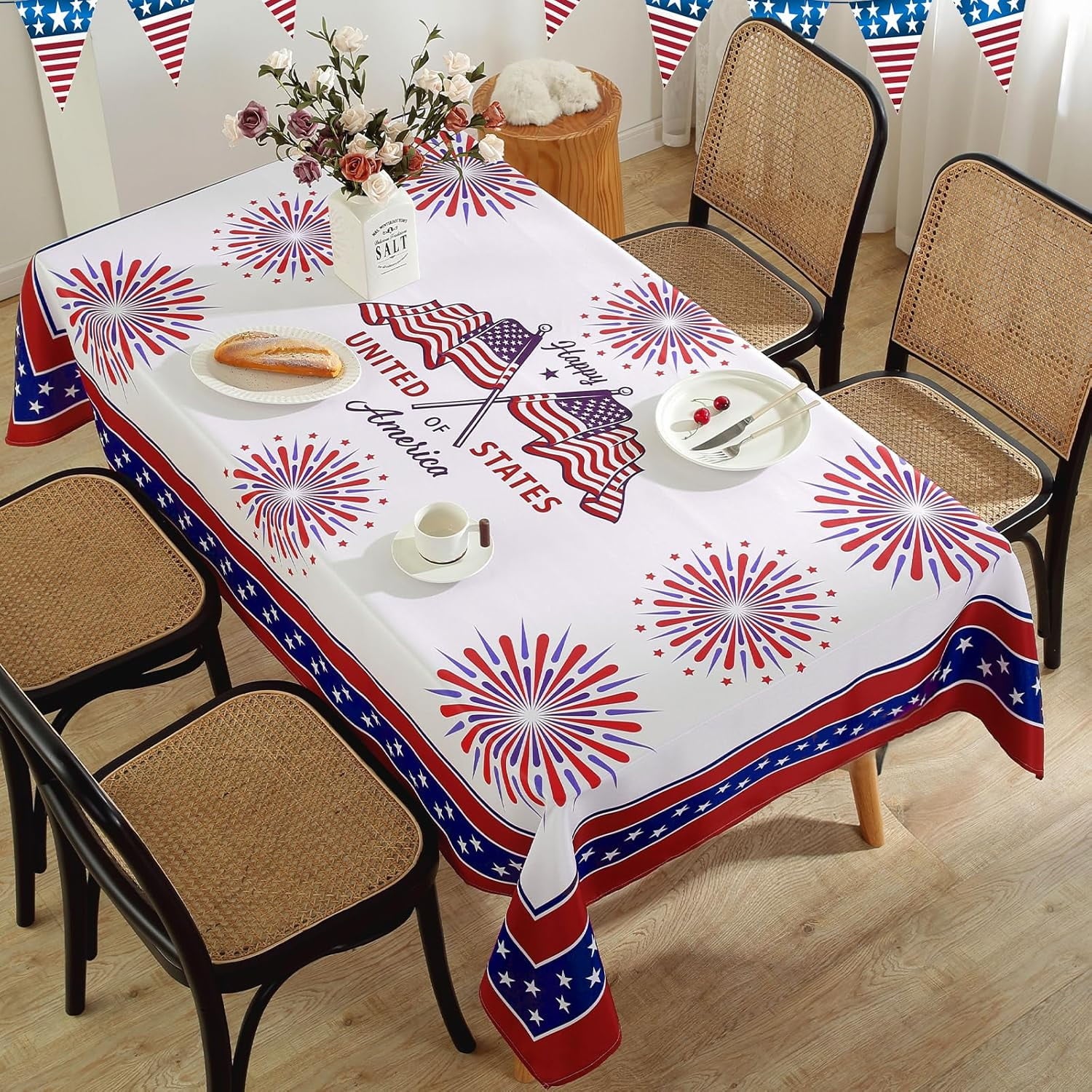 SASTYBALE Veterans Day Rectangle Tablecloth, 52 x 70 Inch Patriotic Fireworks Tablecloths Washable Spill Proof Wrinkle Resistant Soft Polyester Table Cover for Patriotic Holiday Parties