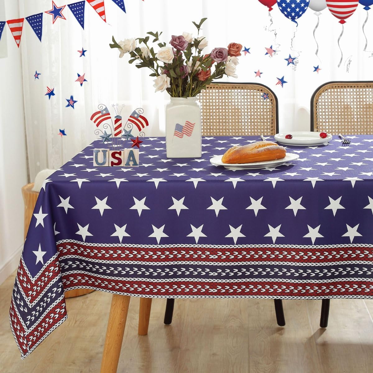 SASTYBALE Veterans Day Rectangle Tablecloth, 52 x 70 Inch Patriotic Fireworks Tablecloths Washable Spill Proof Wrinkle Resistant Soft Polyester Table Cover for Patriotic Holiday Parties