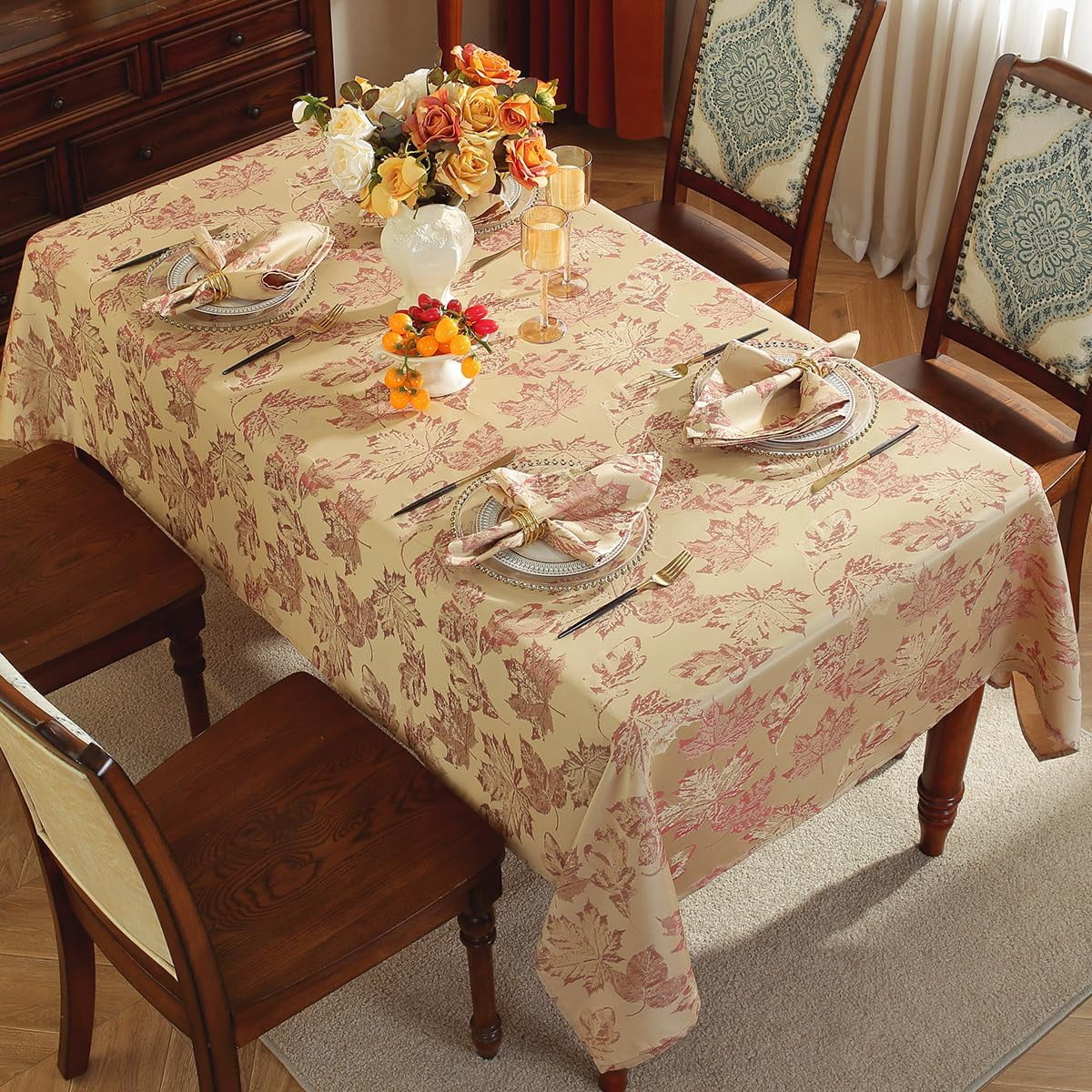 SASTYBALE 60x84 Inch Burgundy Maple Leaves Tablecloth - Spill-Proof Wrinkle-Free Vintage Jacquard for Thanksgiving Dinners & Harvest Gatherings