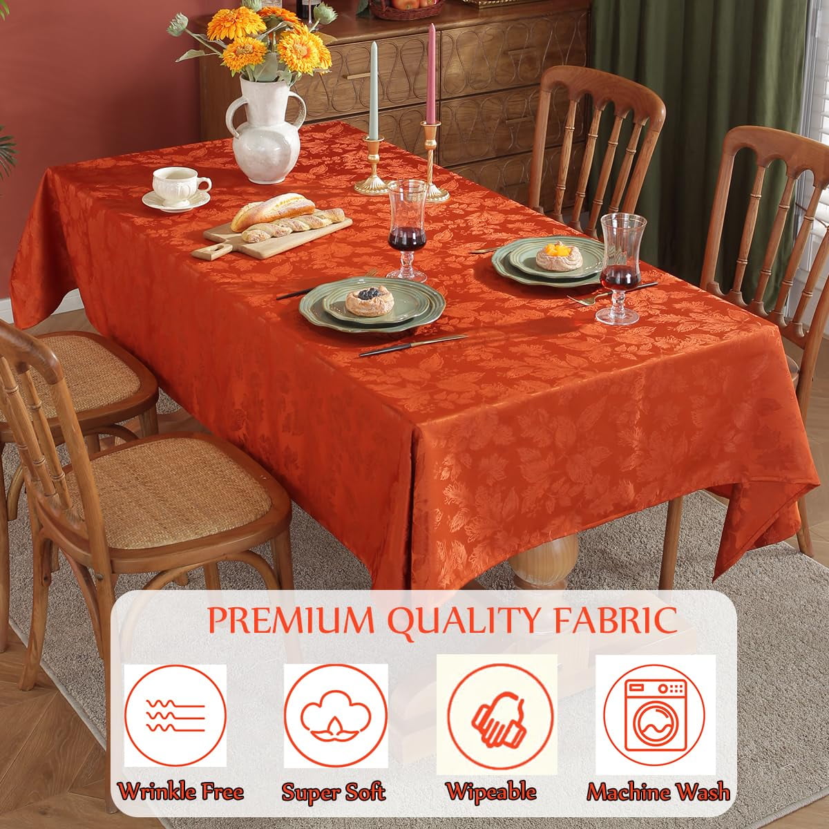 Maple Leaves Jacquard Tablecloth Rectangle Spill Proof Wrinkle Resistant Table Cloth for Fall Thanksgiving Autumn Harvest Table Cover 60 x 102 Inch Rusty