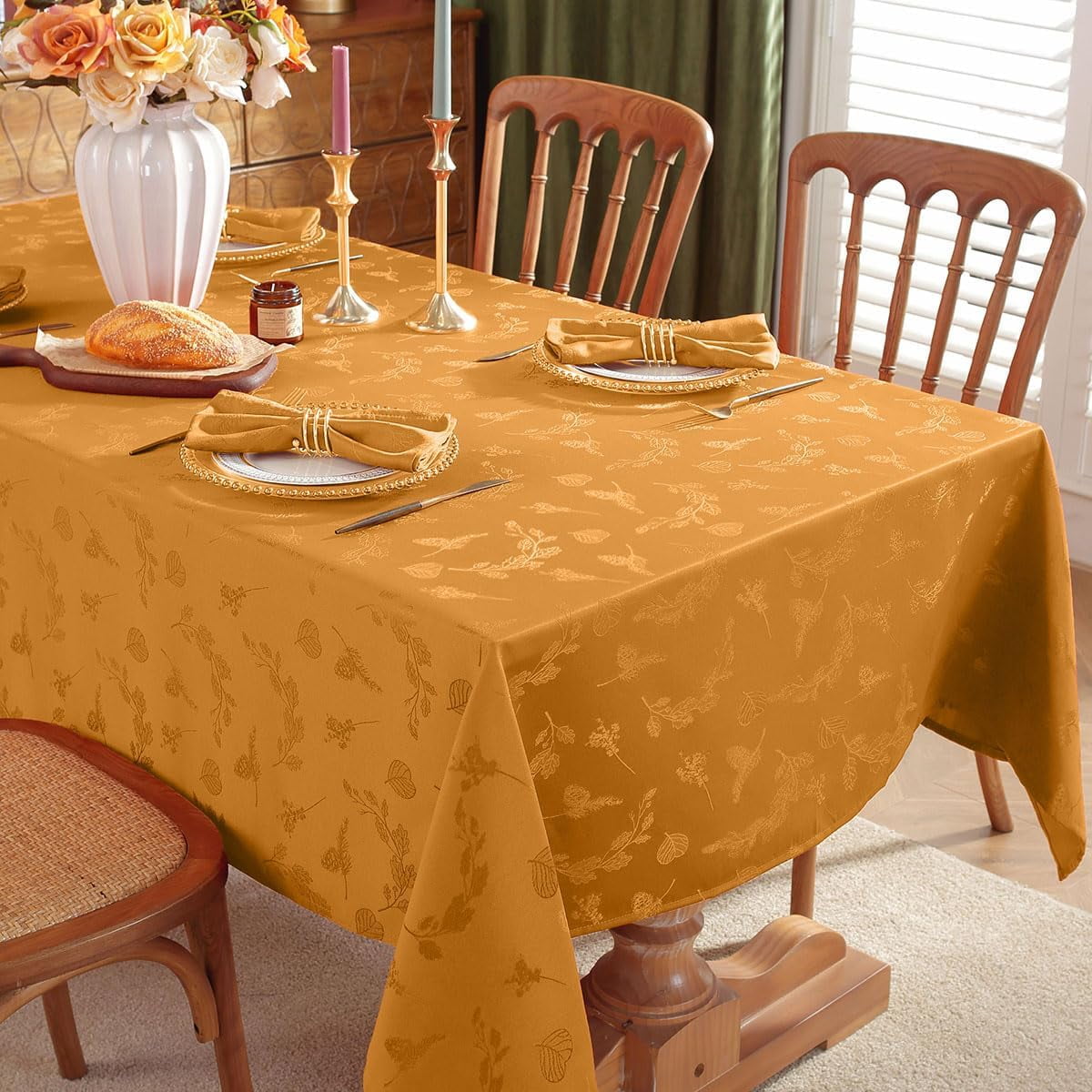 Tablecloth Rectangle 60 x 84 Inch Waterproof Wrinkle Free Autumn Ginkgo Leaves Jacquard Fabric Table Cloths for Fall Thanksgiving Harvest, Dining Party Decoration, Amber