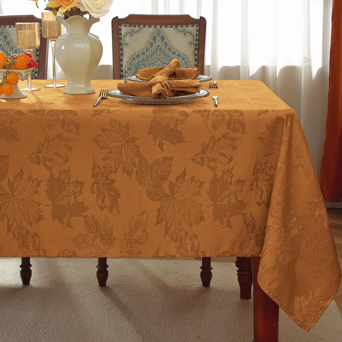 SASTYBALE Fall Tablecloths for Rectangle Tables - 60x84 Inch Brown Maple Leaves Jacquard Tablecloth, Vintage, Spill-Proof & Wrinkle Free for Thanksgiving Feasts, Harvest Celebrations, Cozy Dinners
