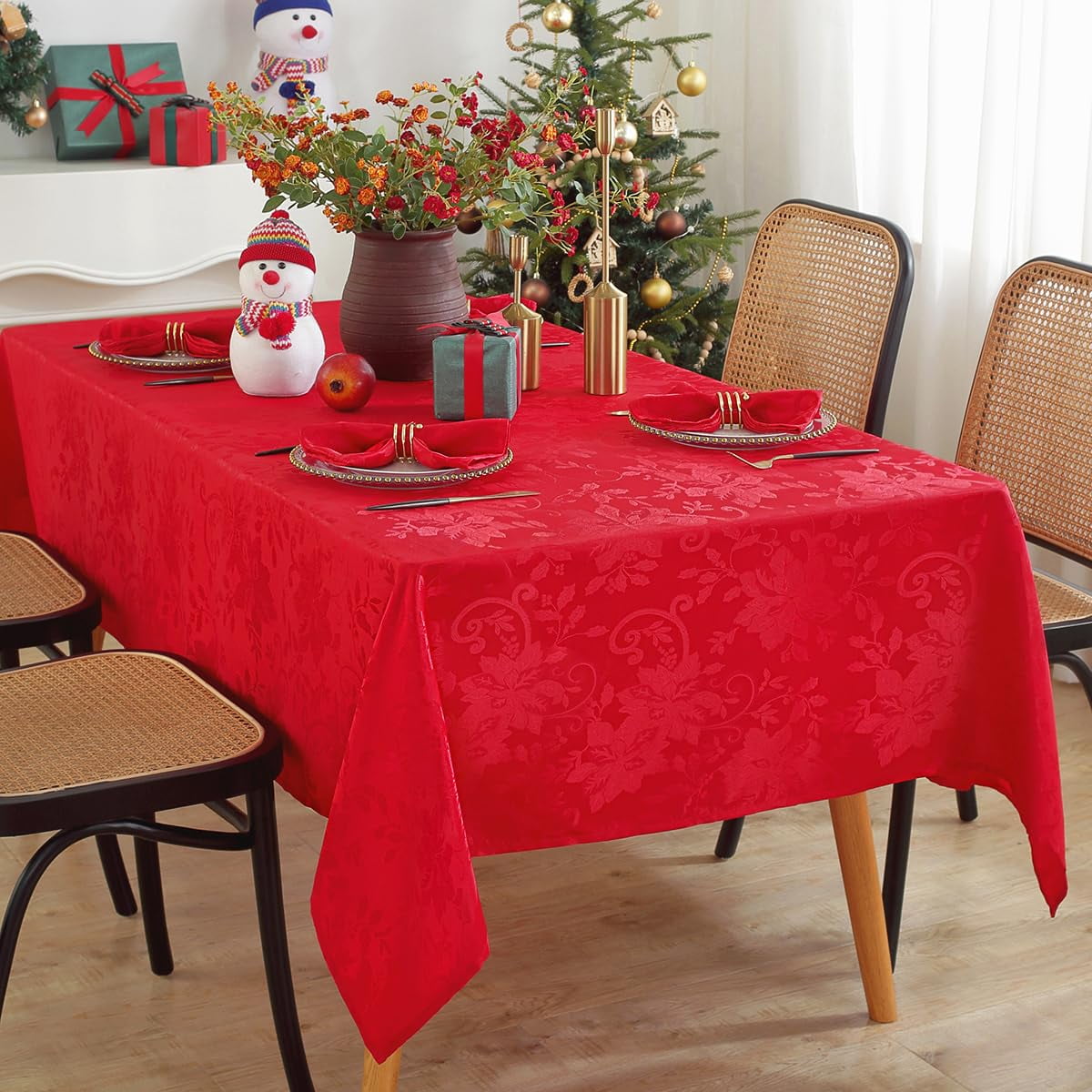 SASTYBALE Christmas Tablecloth Rectangle Poinsettia Jacquard Xmas Tablecloths, Spillproof Anti-Wrinkle Damask Fabric Table Cover for Winter, Xmas & Holiday Parties
