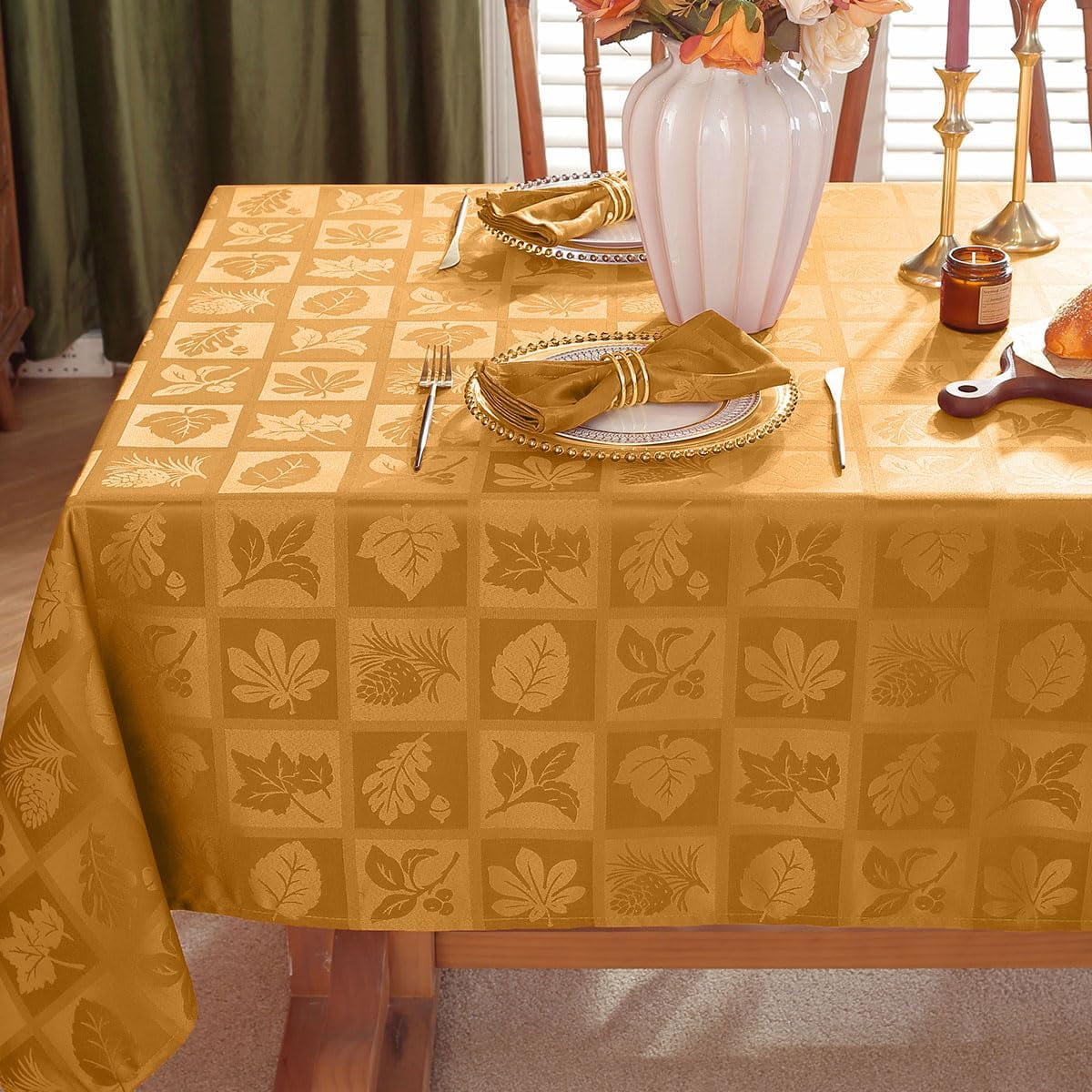 Tablecloth Rectangle 52 x 70 Inch Maple Leaves Jacquard Waterproof Washable Heavy Weight Damask Table Cloth, Plaid Table Cover for Fall, Thanksgiving, Autumn, Harvest, Party, Rusty