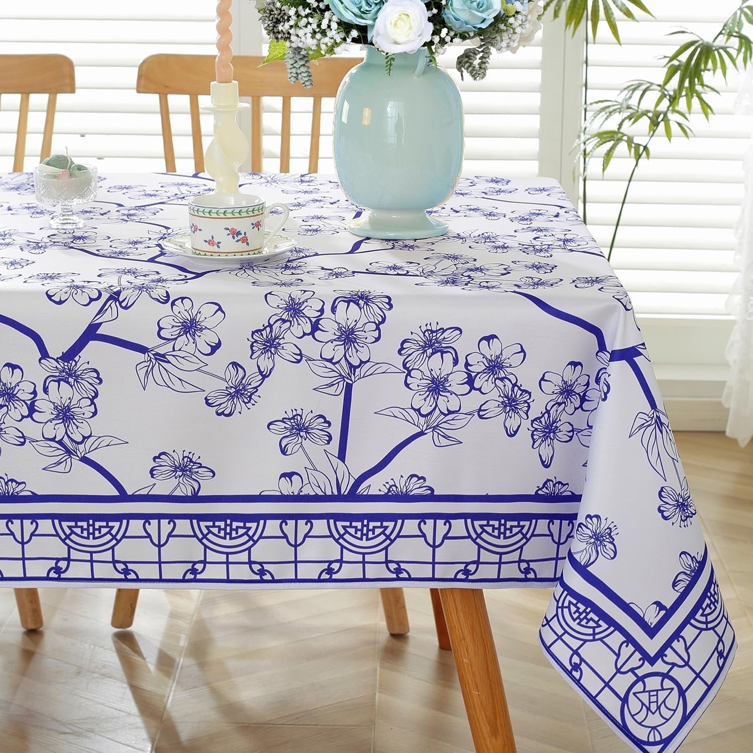 SASTYBALE Lemon Tablecloth Rectangle 52 x 70 Inch, Spillproof Wrinkle Free Polyester Fabric Table Cloth, Soft Floral Table Cover for Spring/Summer/Dining/Party, Blue