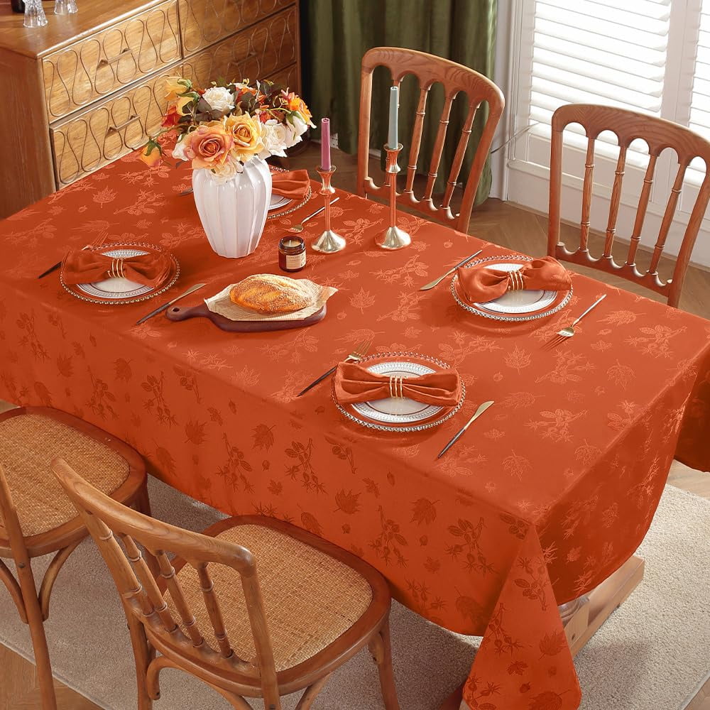 Tablecloth Rectangular 52X52 inches,Spillproof Wrinkle Free Soft Autumn Jacquard Table Cloth for Thanksgiving Fall Friendsgiving Harvest Holiday Dinner, Rust