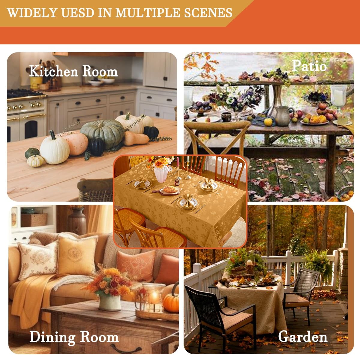 Fall Jacquard Tablecloth Elegant Damask Fabric Thanksgiving Table Cloth, Spillproof Wrinkle Resistant Vintage Table Cover for Harvest, 52 x 52 Inch Amber
