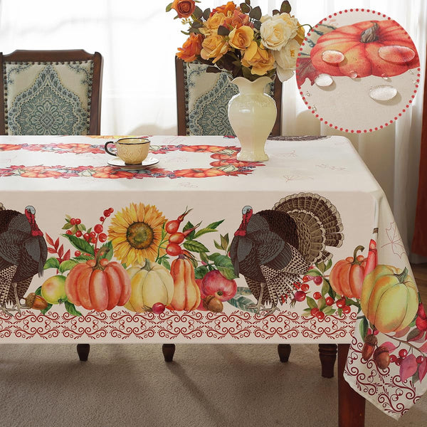SASTYBALE Thanksgiving Tablecloth Rectangle, Fall Turkey Pumpkin Table Cloth Washable, Stain Resistant Polyester Autumn Table Cover for Harvest Farmhouse Parties Dinner Decor