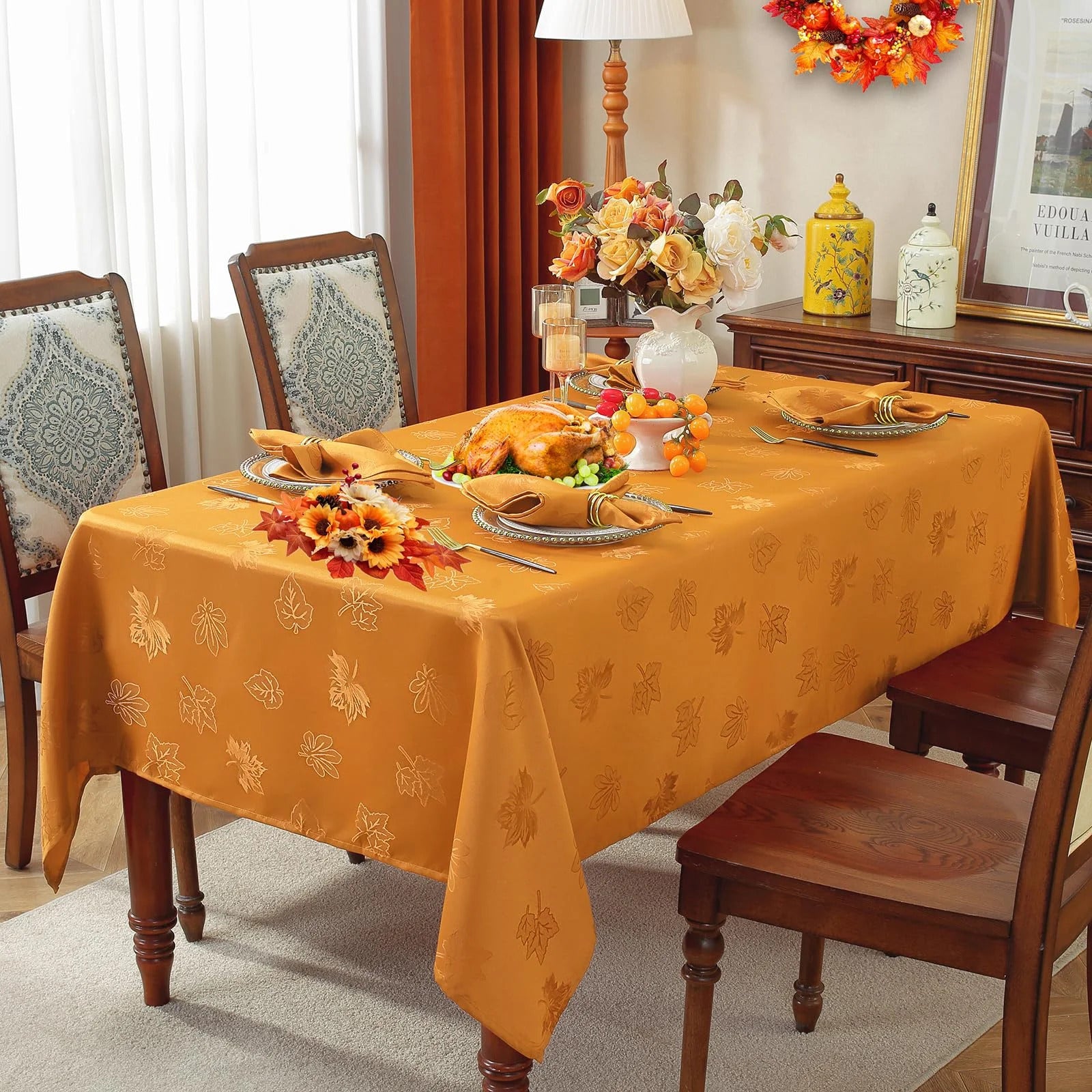 Fall Tablecloth Spillproof Heavy Duty Fabric Jacquard Table Cloth with Maple Leaves Design for Thanksgiving, Harvest Holidays 52"x52" Amber