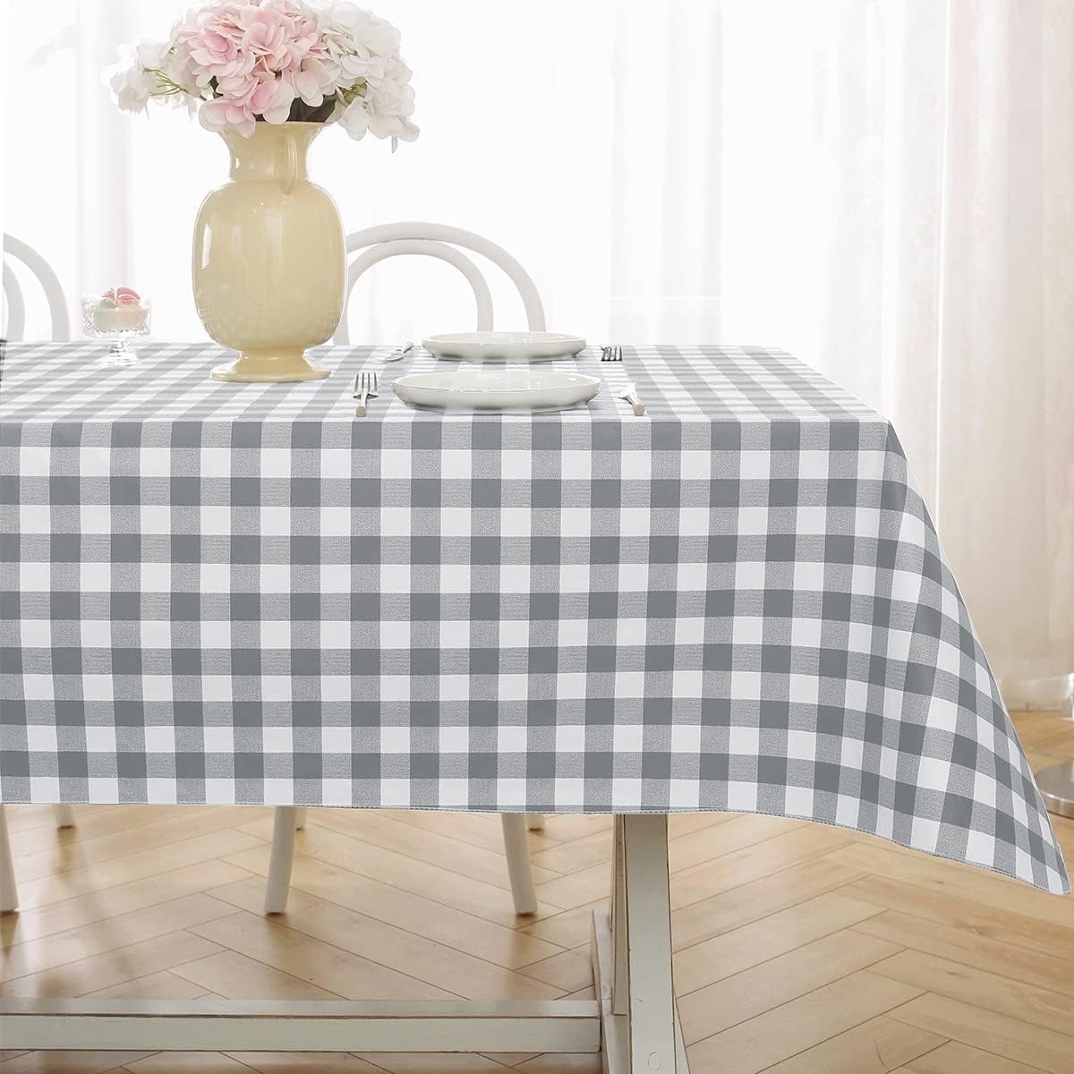 Buffalo Plaid Vinyl Tablecloth With Flannel Backed Rectangle 60 x 120 Inch, Waterproof & Non Slip Checkered Tablecloths, Plastic Table Cover for Dining, Party, Indoor, Outdoor, Black and White