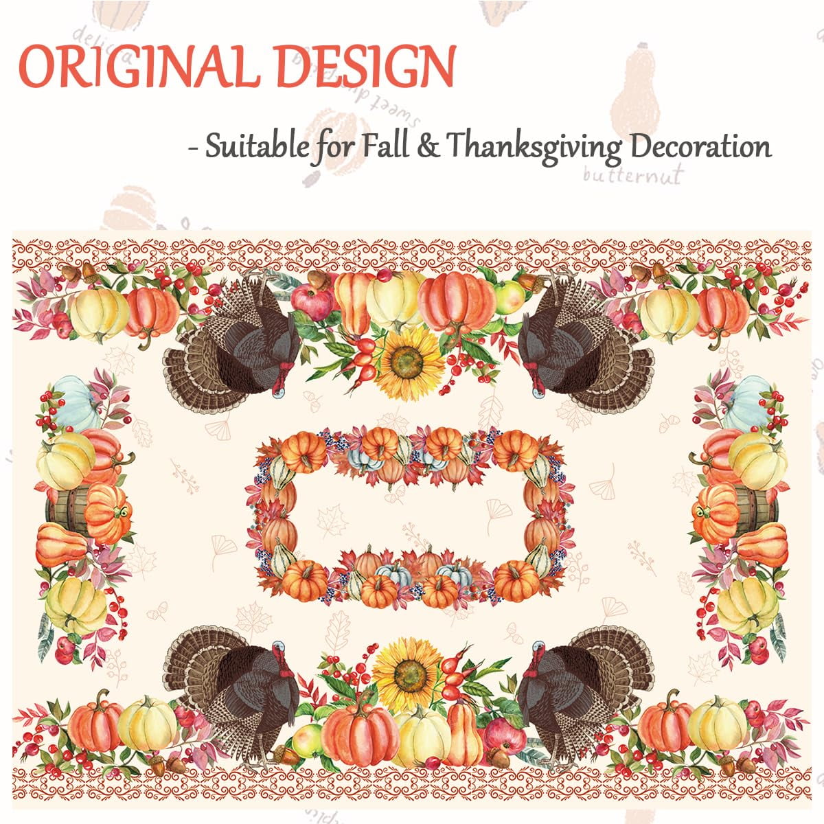 SASTYBALE Thanksgiving Tablecloth Rectangle, Fall Turkey Pumpkin Table Cloth Washable, Stain Resistant Polyester Autumn Table Cover for Harvest Farmhouse Parties Dinner Decor