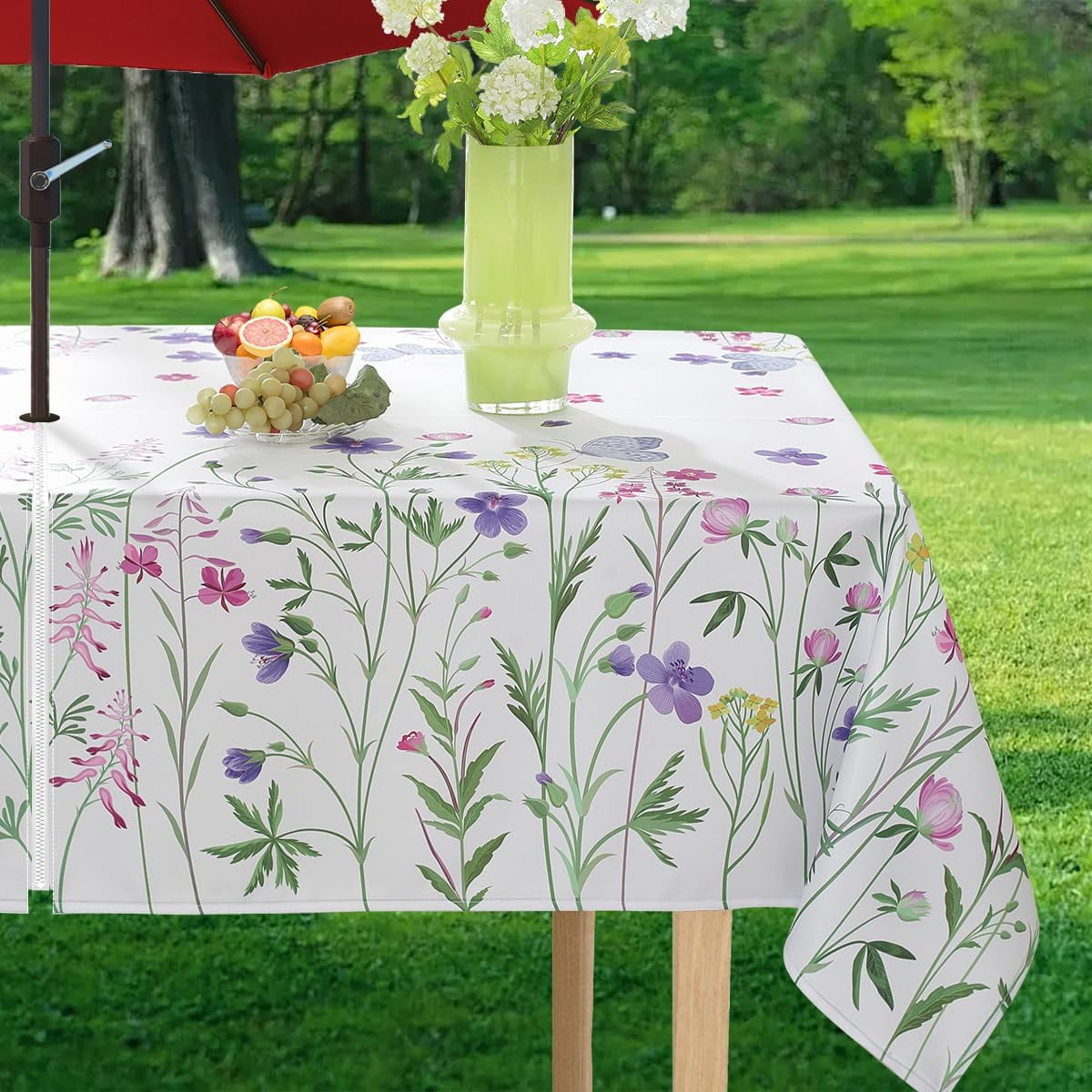 Spring Summer Floral Tablecloth with Umbrella Hole Rectangle 52 x 70 Inch Blooming Flower Watercolor Zippered Table Cloth, Washable Fabric Table Cover for Dining, Party, Picnic, Outdoor, Pink