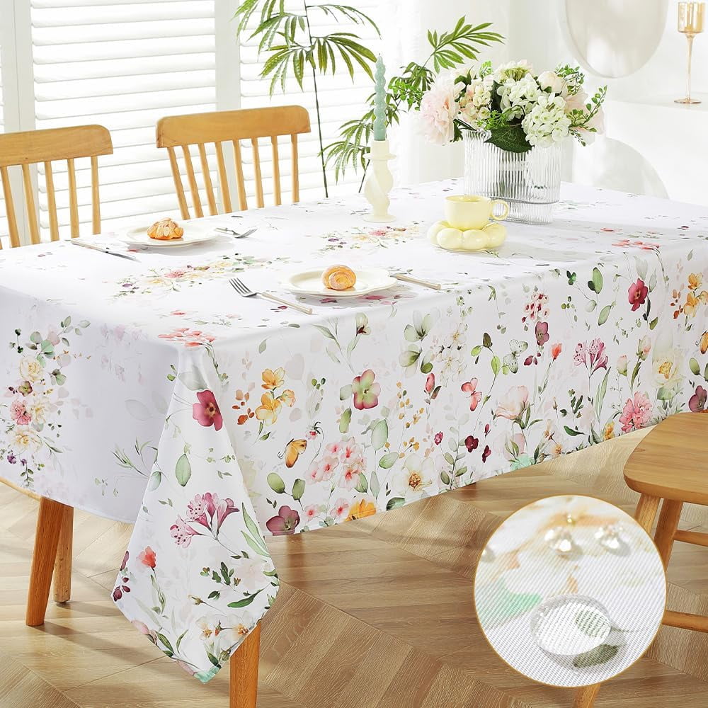 Spring Wildflower Table Cloth Rectangle Table 60x84 Inch,Washable Summer Floral Fabric Tablecloth, Waterproof Runner Style Table Cloths for Party Picnic Dinner Outdoor