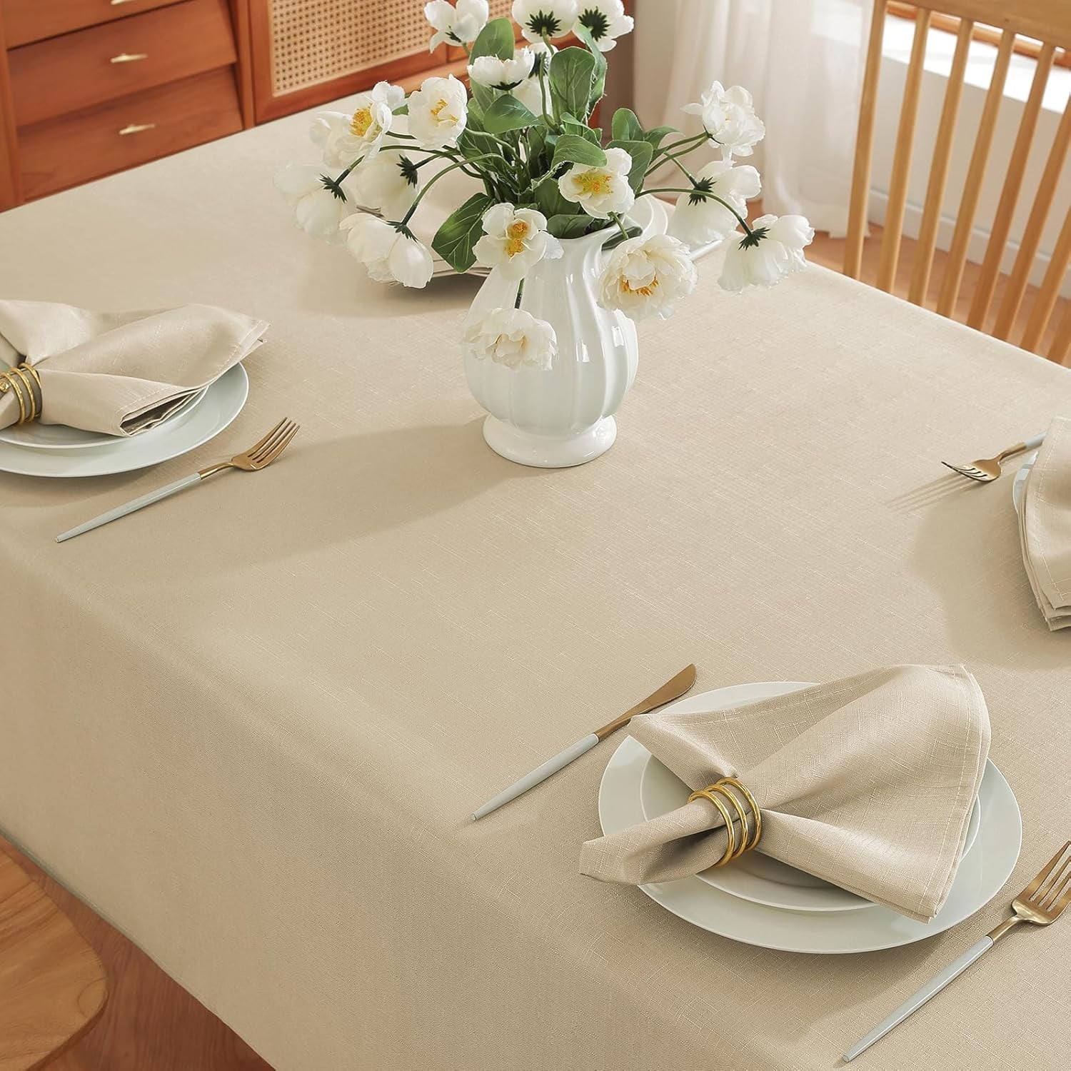 SASTYBALE Sqare Tablecloth - Linen Textured Farmhouse Table Cloth Water Resistant Wrinkle Free Washable Fabric Table Cover for Kitchen Dining Tabletop Decoration, 52 x 52 Inch, Beige