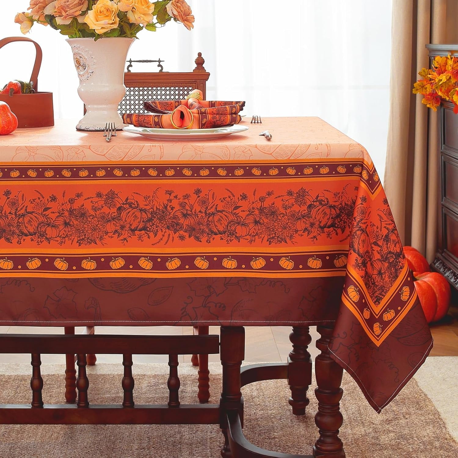 SASTYBALE Fall Harvest Tablecloth, Rectangle Pumpkin Print, Orange & Brown Autumn Tones, Wrinkle-Resistant Easy-Care for Thanksgiving Dinners & Holiday Party