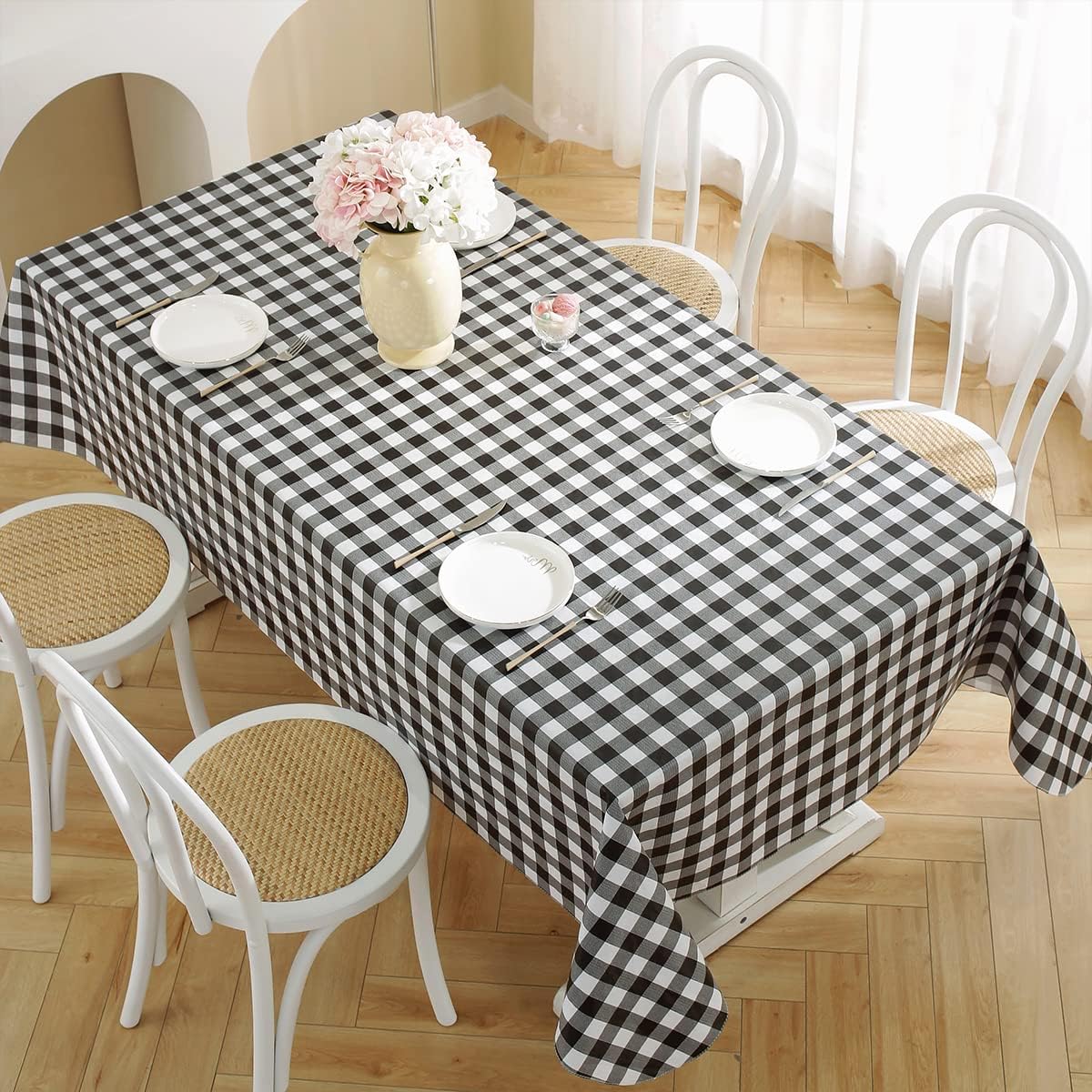 Buffalo Plaid Vinyl Tablecloth With Flannel Backed Rectangle 60 x 120 Inch, Waterproof & Non Slip Checkered Tablecloths, Plastic Table Cover for Dining, Party, Indoor, Outdoor, Black and White