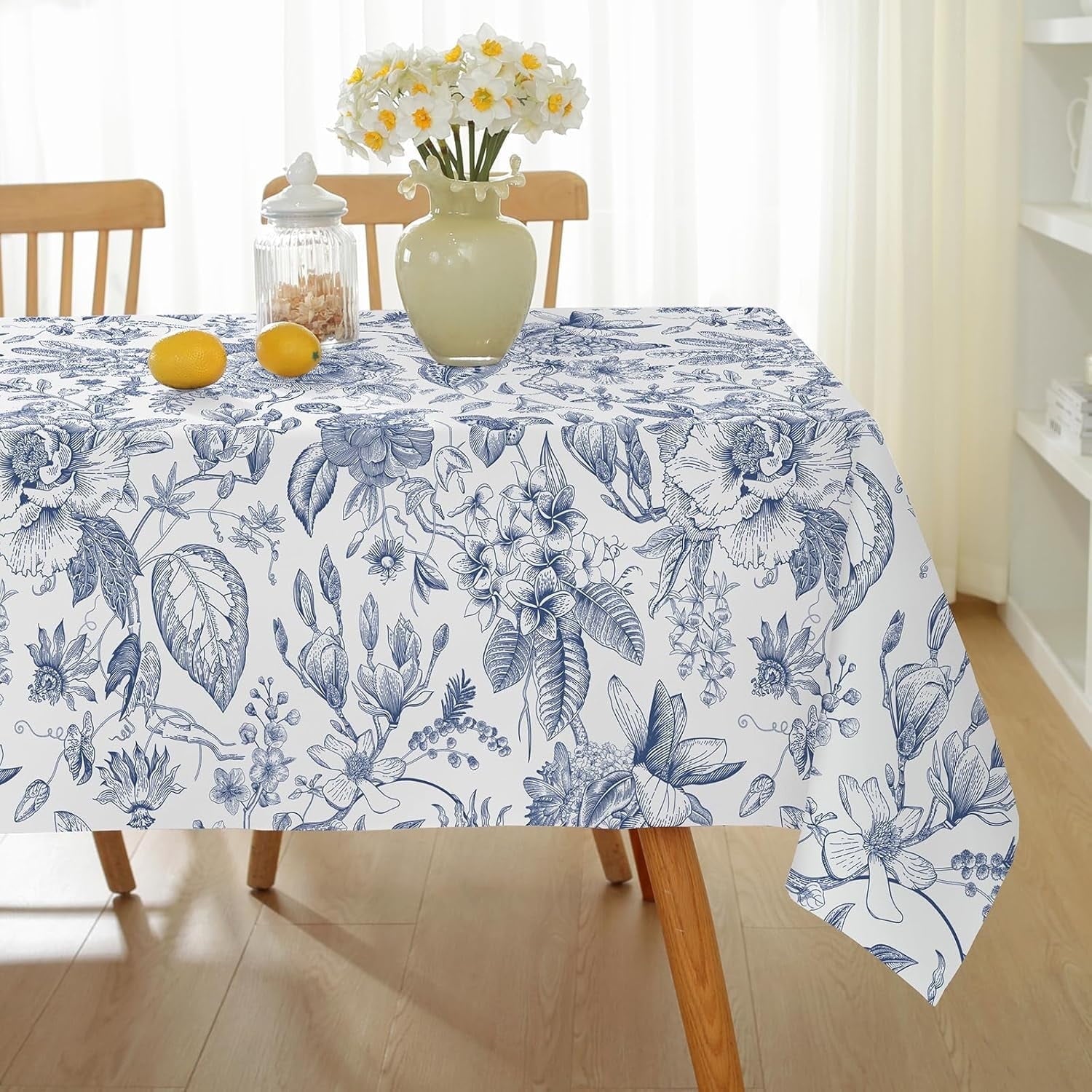 SASTYBALE Lemon Tablecloth Rectangle 52 x 70 Inch, Spillproof Wrinkle Free Polyester Fabric Table Cloth, Soft Floral Table Cover for Spring/Summer/Dining/Party, Blue
