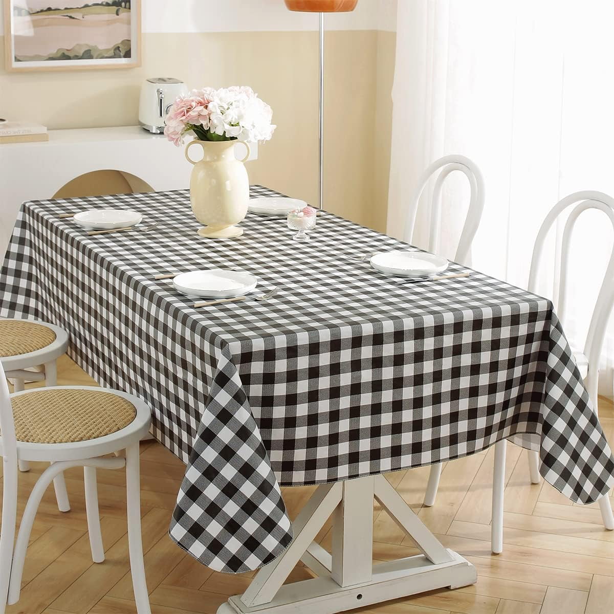 Buffalo Plaid Vinyl Tablecloth With Flannel Backed Rectangle 60 x 120 Inch, Waterproof & Non Slip Checkered Tablecloths, Plastic Table Cover for Dining, Party, Indoor, Outdoor, Black and White