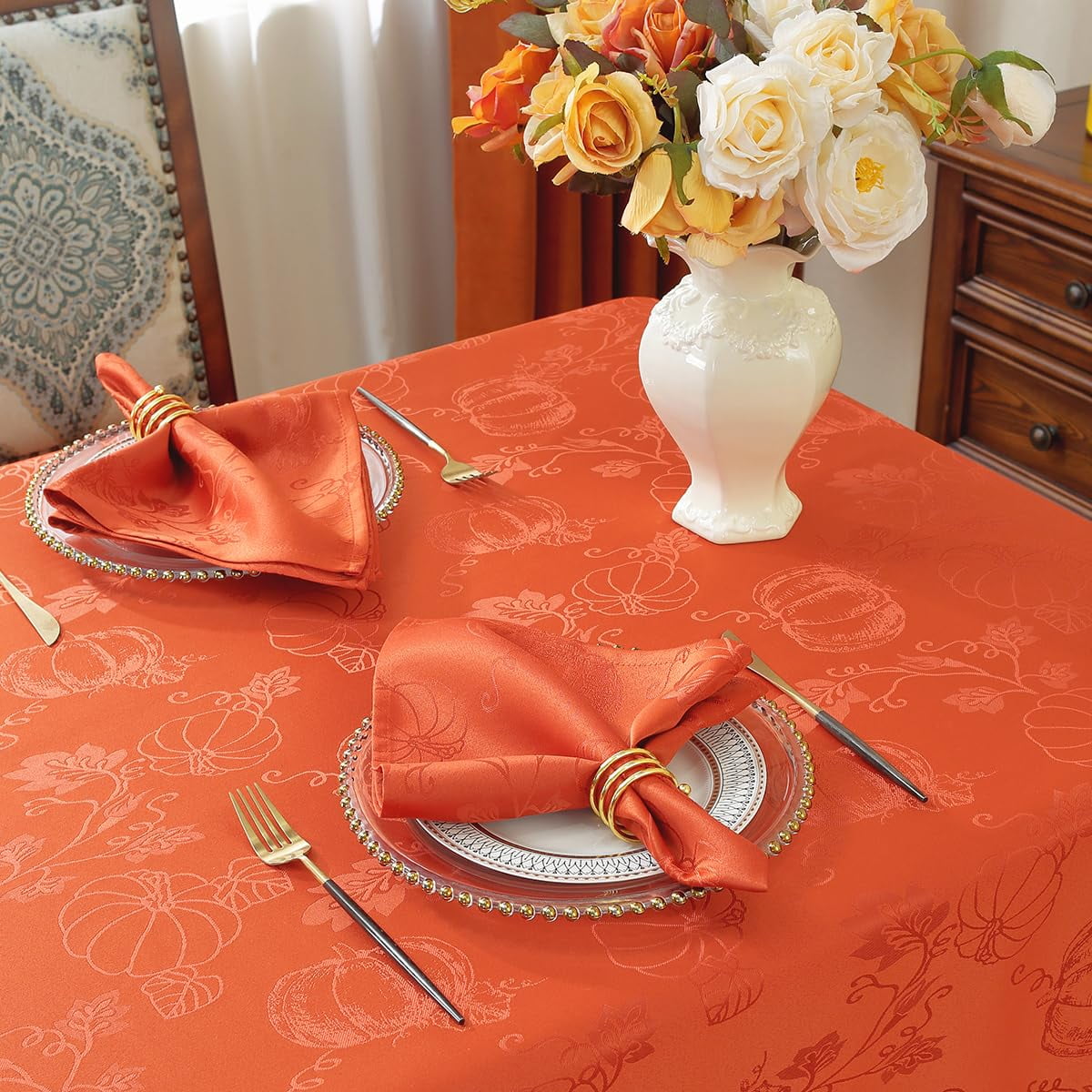Fall Tablecloths Jacquard Thanksgiving Table Cloth with Pumpkins and Vines, Stain Resistant Table Cover for Harvest, Dining, Party Decor 52" x 52" Rust