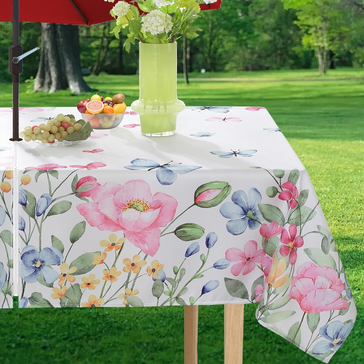 Spring Summer Floral Tablecloth with Umbrella Hole Rectangle 52 x 70 Inch Blooming Flower Watercolor Zippered Table Cloth, Washable Fabric Table Cover for Dining, Party, Picnic, Outdoor, Pink