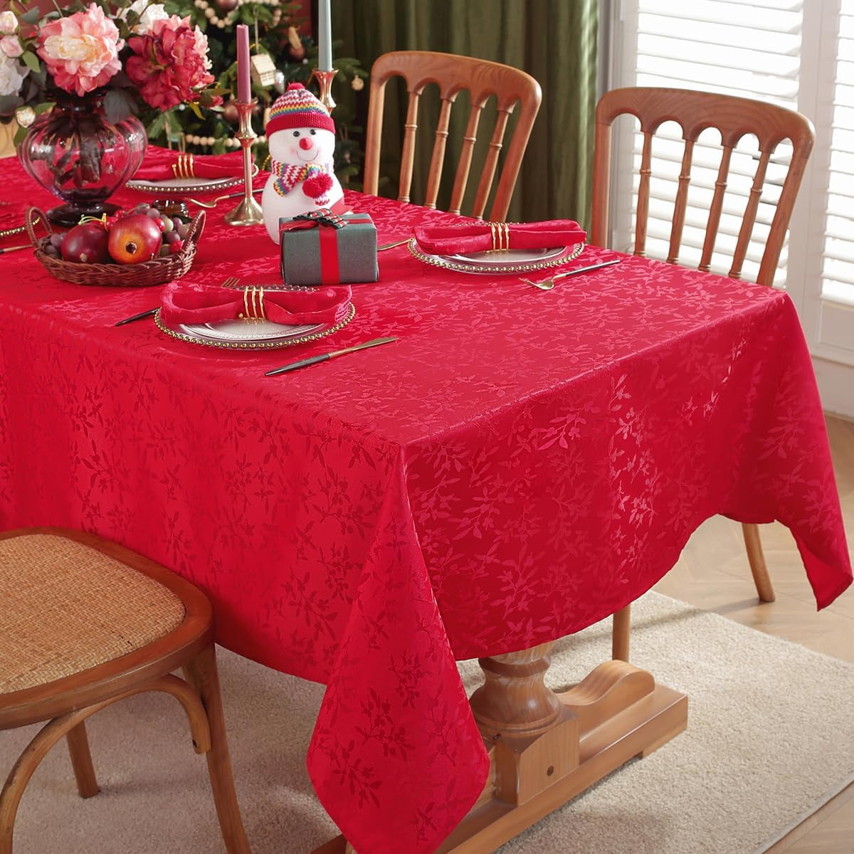 SASTYBALE Christmas Tablecloth Jingle Bells Holly Berry Jacquard Waterproof Wrinkle Free Damask Table Cloths, Fabric Table Cover for Xmas, Holiday, Winter, Party