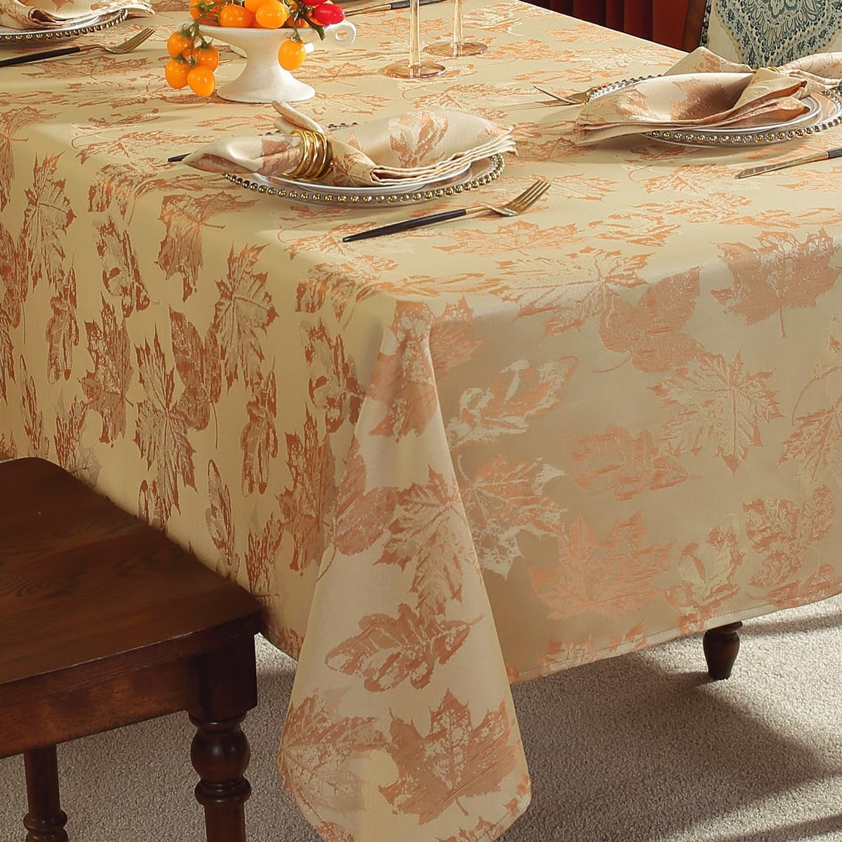SASTYBALE 60x84 Inch Burgundy Maple Leaves Tablecloth - Spill-Proof Wrinkle-Free Vintage Jacquard for Thanksgiving Dinners & Harvest Gatherings