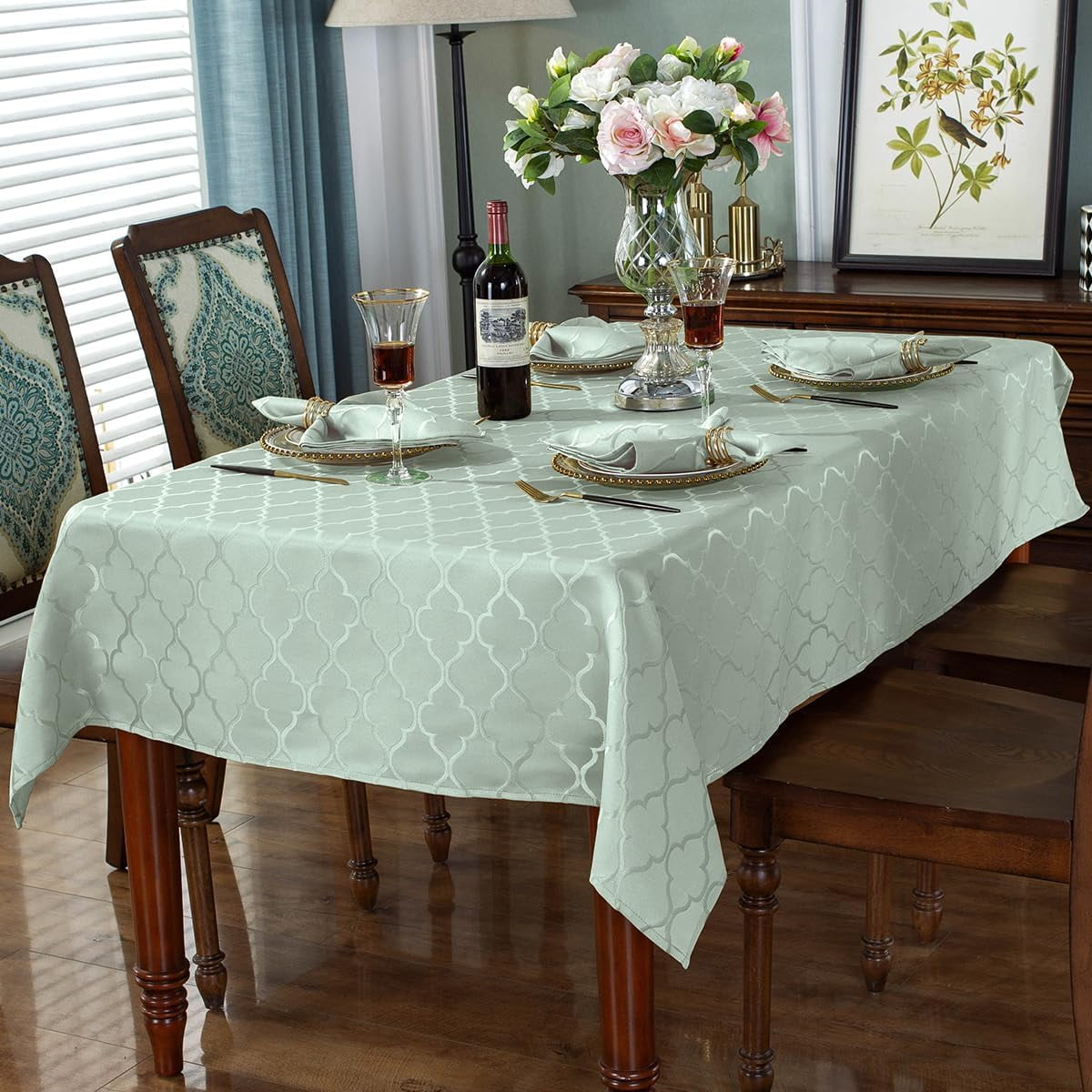 SASTYBALE Jacquard Spring Sage Green Tablecloth, Flower Patterns Table Cloth Spill Proof Wrinkle Resistant Table Cover for Kitchen Dining Tabletop Decoration (Rectangle, 52" x 70" (4-6 Seats))