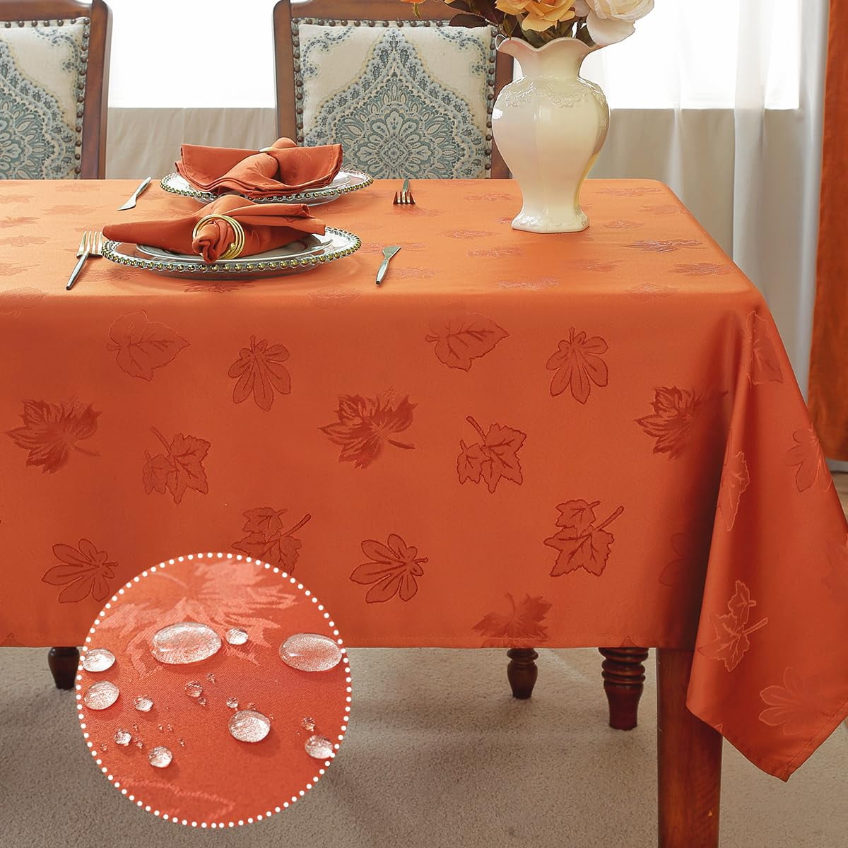 Fall Tablecloth Spillproof Heavy Duty Fabric Jacquard Table Cloth with Maple Leaves Design for Thanksgiving, Harvest Holidays 52"x52" Amber