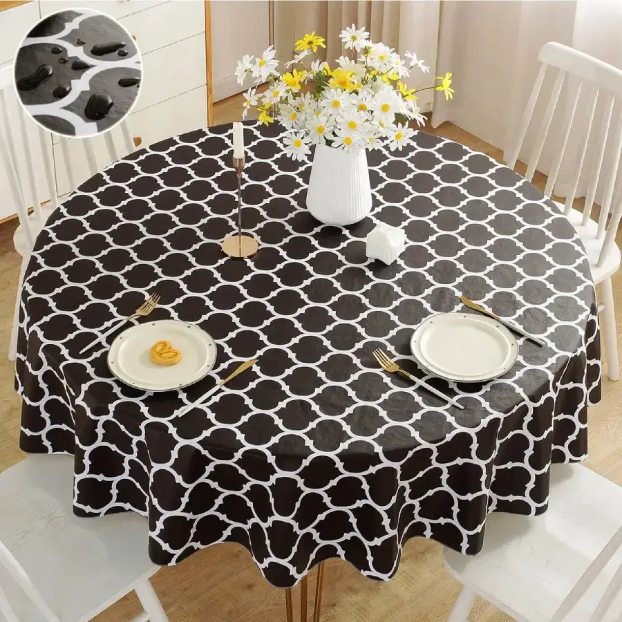 Black Round Vinyl Tablecloth with Flannel Backing