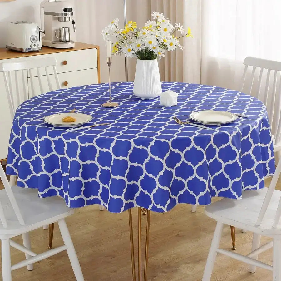 Blue Round Vinyl Tablecloth with Flannel Backing
