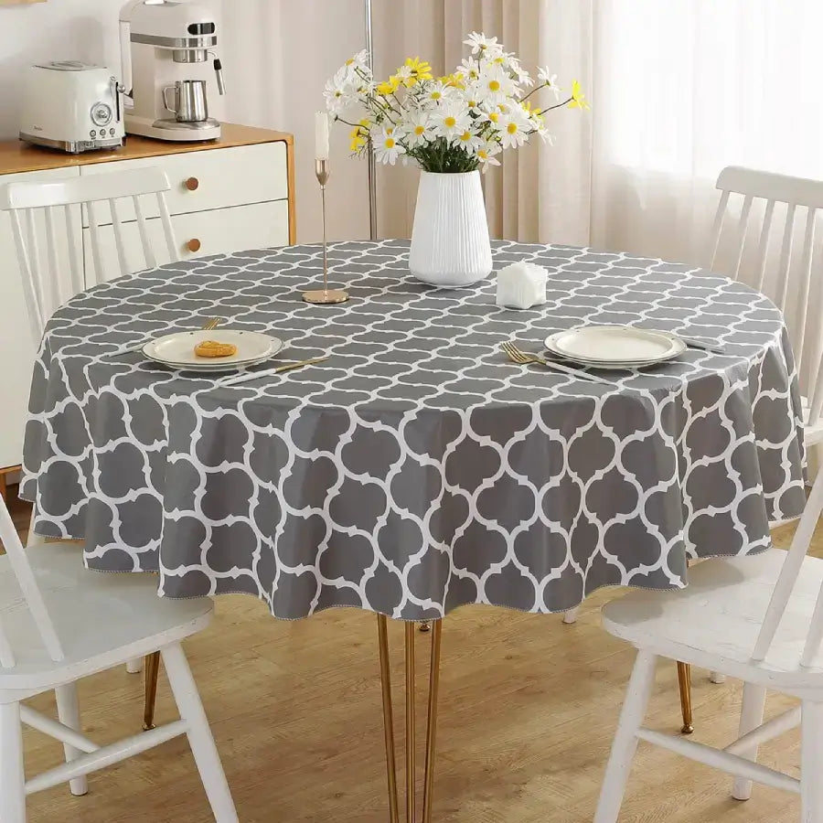 Grey Round Vinyl Tablecloth with Flannel Backing
